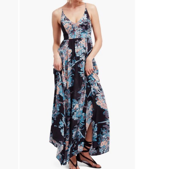 Free People Dresses & Skirts - Free People Through The Vine Maxi Dress Carbon Floral Shirred Sides Split Hem Sm